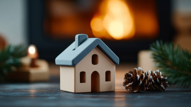 Cozy Home Decor with Miniature House and Pinecones by a Warm Fireplace Setting