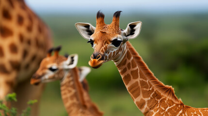 Obraz premium Close-Up of Playful Young Giraffe in Natural Habitat with Another Giraffe in Background