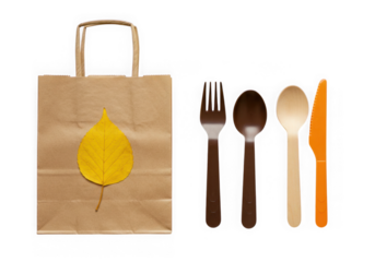 Brown paper lunch bag with cutlery isolated on transparent background