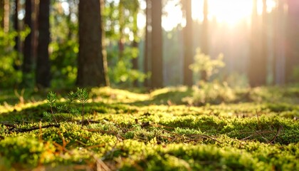 Lush green forest bathed in sunlight, a tranquil nature scene with mosscovered trees.