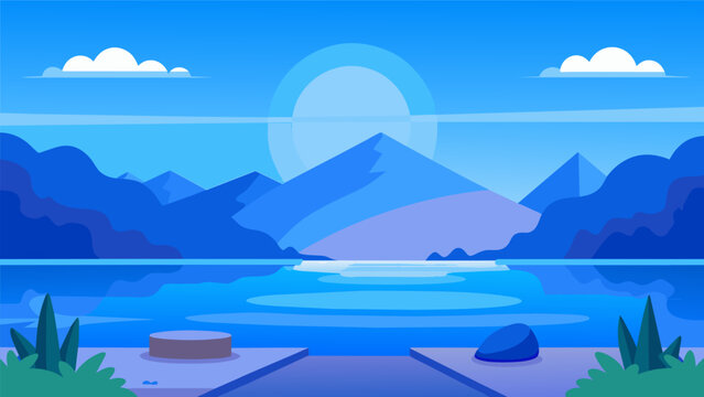 A clear blue sky and gentle lake as the view from a yoga class adding to the calming and rejuvenating experience.. Vector illustration