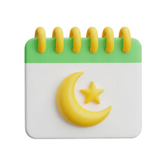 3d icon of 3d calendar icon with a green top and a white page featuring a yellow crescent moon and star, isolated on transparent background