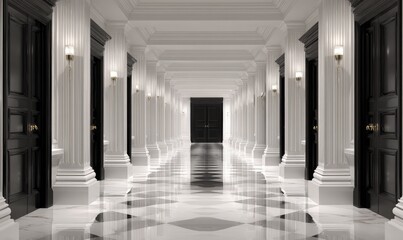 Grand hallway with black doors and white pillars