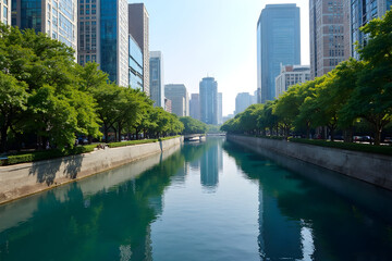 City River Canal with Green Trees and Building Reflections