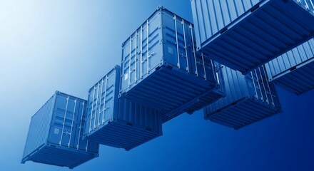 Obraz premium Blue shipping containers suspended in mid-air against a bright sky.