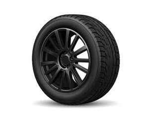 A single black tire and rim on a white background