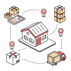 Vector art of isometric illustration of delivery service with packages and truck on route
