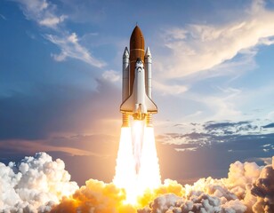 A space shuttle ascends through vibrant sunset clouds, powerful engines blazing, leaving a fiery trail