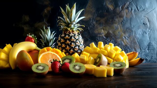 A still life photograph showcasing a variety of tropical fruits. The main subject is a pineapple, which is the focal point of the image. The pineapple is a dark green with white spiky leaves.