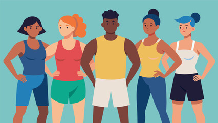Fototapeta premium A group of diverse models in a mix of sweatwicking tank tops and compression shorts display the versatility and accessibility of fitness fashion for. Vector illustration