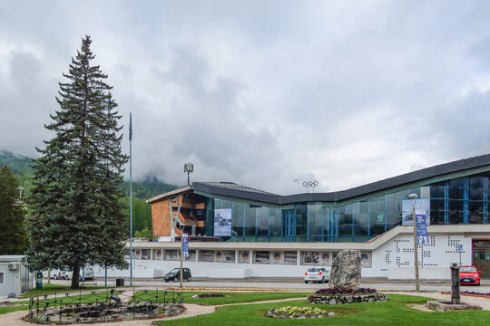 Olympic Ice Stadium (Stadio Olimpico del Ghiaccio) and Bus Station in Cortina d'Ampezzo, Italy. May 14, 2025