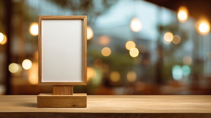 Blank menu board on wooden table with blurred background in restaurant or cafe.