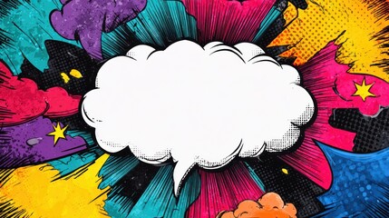 Comic book style explosion with speech bubble and colorful background.