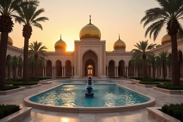Naklejka premium Luxury Middle Eastern architecture with a courtyard pool and sunset in a serene atmosphere