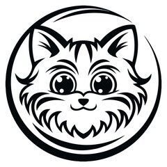 Fototapeta premium A stylized vector face of a cat inside a circular frame is presented in black and white. The face features big eyes, a small nose, and a fluffy, rounded shape.