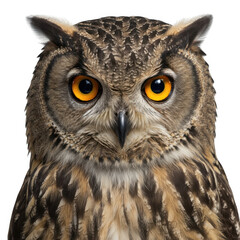Obraz premium Closeup portrait of an owl with bright orange eyes isolated on transparent background