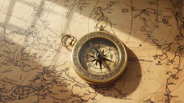 Antique navigational compass resting on a vintage world map, symbolizing a journey of exploration and discovery.