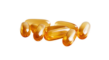 Orange gel capsules on a white surface, created with AI, PNG