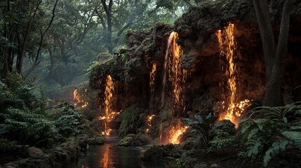 Lava waterfalls in jungle landscape
