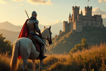Fototapeta premium Majestic knight on horseback guarding stunning medieval castle at sunset evokes fantasy adventure