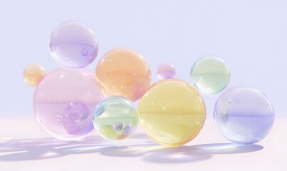 A 3D composition of multiple floating glass orbs in varying sizes, each glowing softly in pastel tones