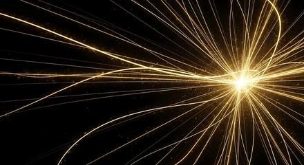 Obraz premium Glowing golden energy streams converge at a bright central point, radiating outwards in a dynamic display.