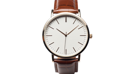 classic watch with brown leather strap on white background