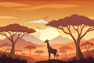Stunning sunset silhouette of giraffe in African savanna landscape, perfect for travel designs and nature projects