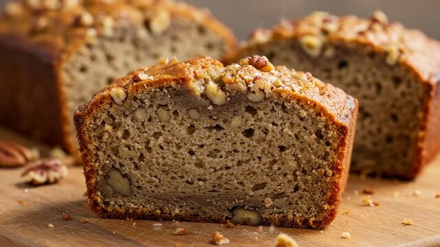 Freshly baked banana bread with nuts on wooden board