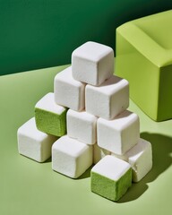Stacked white and green square marshmallows