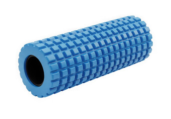 Blue textured foam roller for muscle massage and physical therapy isolated on transparent background