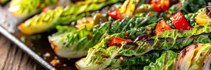 A flavorful combination of grilled romaine wedges topped with roasted red peppers kalamata olives and a lemon garlic dressing.