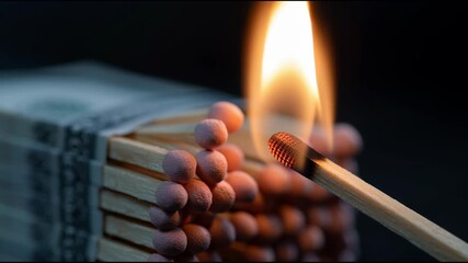 Global Inflation Recession Concept. A match is lit next to a cluster of matches, symbolizing economic volatility and rising energy costs.