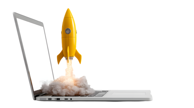 Yellow rocket launching from a laptop with smoke and black
