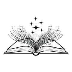 Art of an open book with magical elements, emitting stars and swirling lines, symbolizing imagination and wonder, isolated on white background