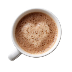 A cup of coffee featuring a heart-shaped foam design, isolated on a white background, ideal for conveying warmth and comfort.