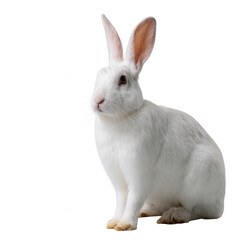 Fototapeta premium A cute white rabbit sitting gracefully with alert ears and bright eyes, isolated against a clean white background.