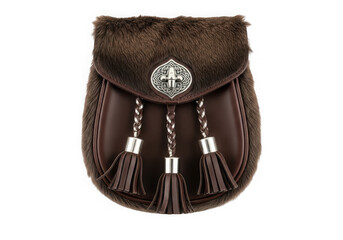 Traditional scottish sporran with fur trim and silver celtic knot detail isolated on transparent background