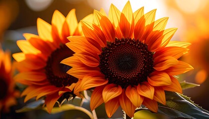 Two vibrant sunflowers in golden light