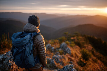 Adventurous Hiker in Puffer Jacket and Beanie Watching Sunrise Over Rolling Peaks – Warm Toned Wilderness Aesthetic