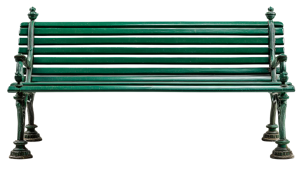 A green park bench with metal frame on a transparent background