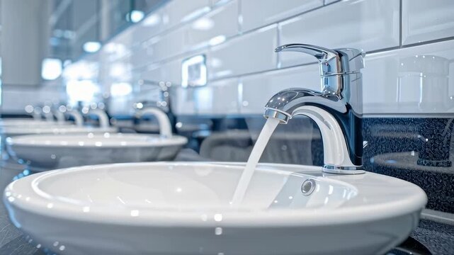 Modern bathroom sinks with chrome faucets and white tiles, showcasing a clean and elegant design.