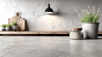 Kitchen counter with plants cutting board jar and light fixture.