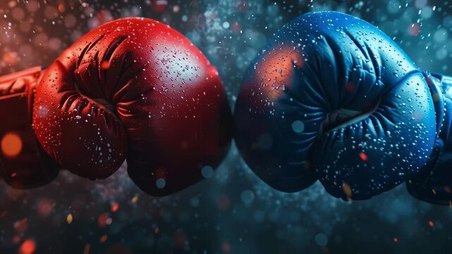 Dynamic image of red and blue boxing gloves colliding with dramatic water droplets.
