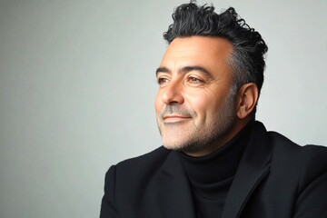 Obraz premium Idea of style for aging men. Modish men's quiff haircut - midlife white man with black hair. A confident and radiant gentleman embracing his look. Pure white solid background.