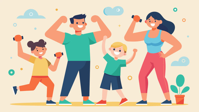 A family of five competing in a highenergy game of Muscle Memory Madness where they have to remember and repeat a series of fitness moves in a. Vector illustration