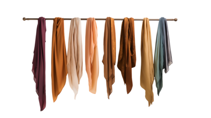 Various colored fabrics hanging on a metal rod in dark room