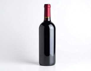 A single, dark-colored wine bottle with a red capsule sits on a white background