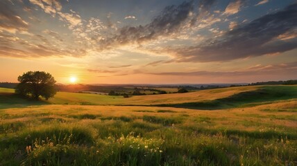 Obraz premium Beautiful spring morning landscape illustration with golden sunrise and glowing sky, soft clouds, and open yellow field capturing nature’s fresh start and seasonal beauty