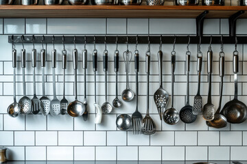 Pots and pans hanging on kitchen wall.